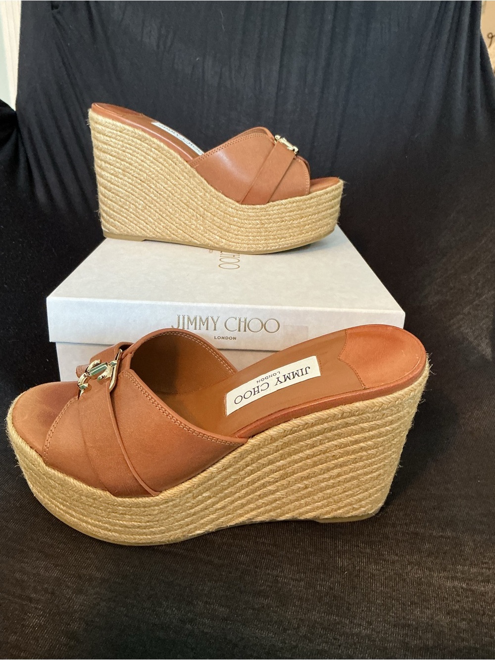 Jimmy Choo Tan Leather Espadrille Platform Mules with Gold Hardware